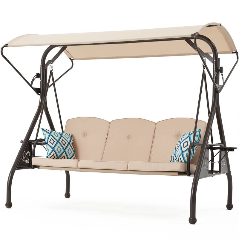 3-Person Outdoor Patio Swing with Adjustable Canopy - Khaki