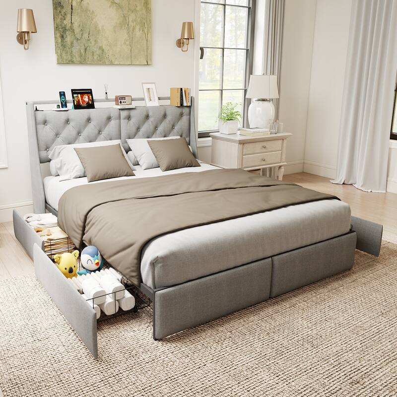 King Metal Platform Bed Frame - Grey, Storage Headboard with RGB LED & Charging Station