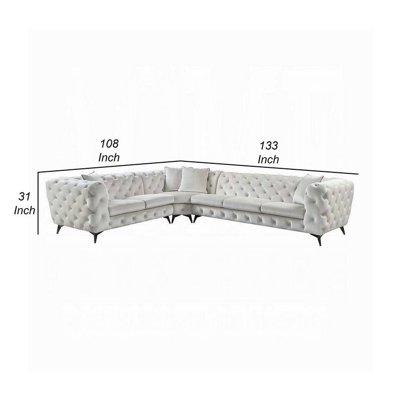 Ronia Sectional Sofa, 4 Throw Pillows, Tufted Ivory White, 133 Inch