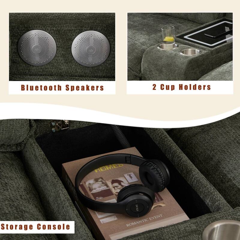 U-Shaped Chenille Modular Sofa with Bluetooth Speakers, Wireless Charging, Storage Console, 2 Cup Holders & Movable Ottoman