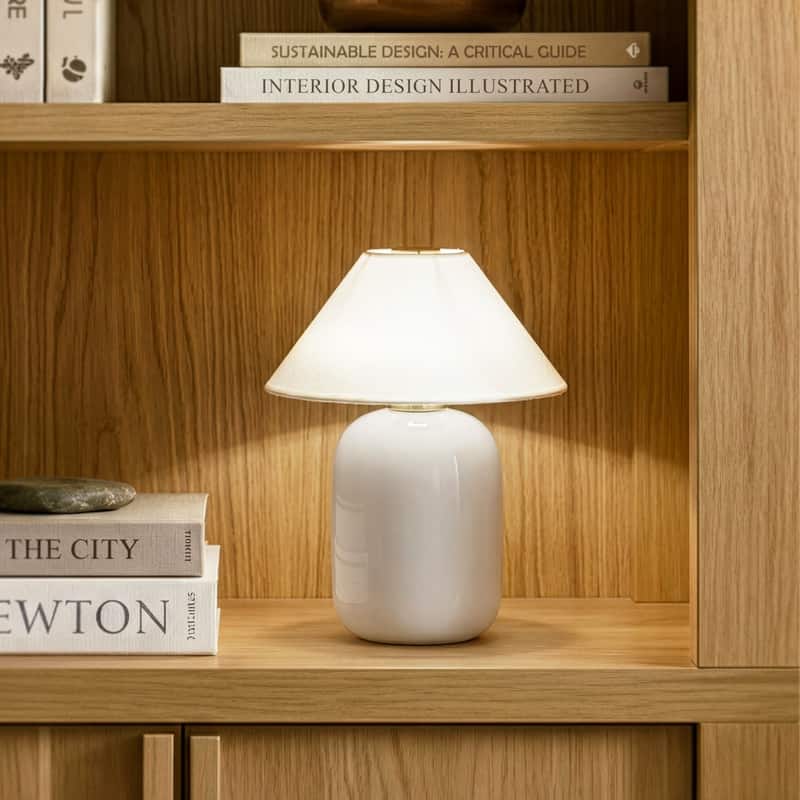 Ren LED 7.87 in Glossy Cream Midcentury Modern Urn Dimmable Cordless Portable Rechargeable Bedside Nightstand Desk Lamp