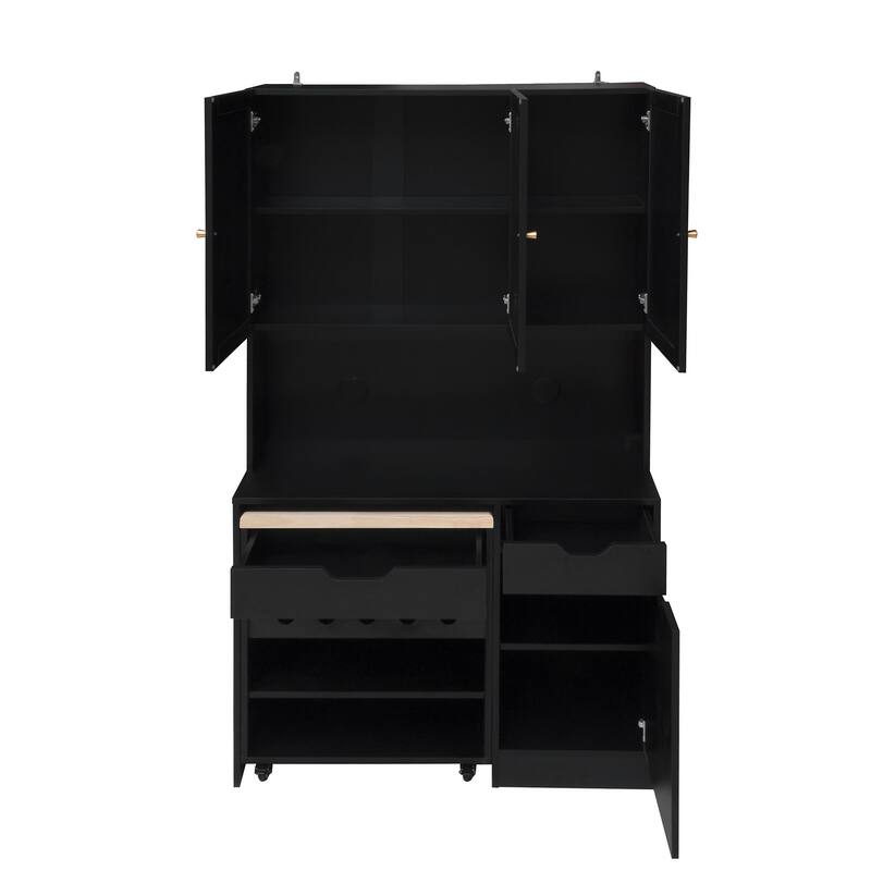 Kitchen Pantry Buffet Cabinet with Kitchen Cart & Microwave Stand, Storage Cabinet with 3 Rattan Doors and Adjustable Shelves