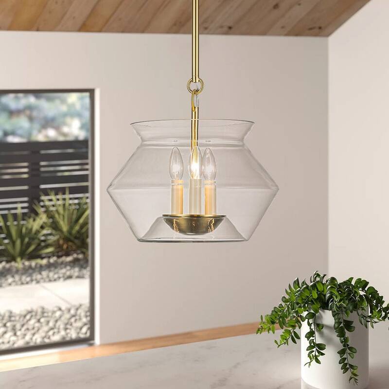 30in Brass Mason Jar Geometric Clear Glass Shade Kitchen Pendant