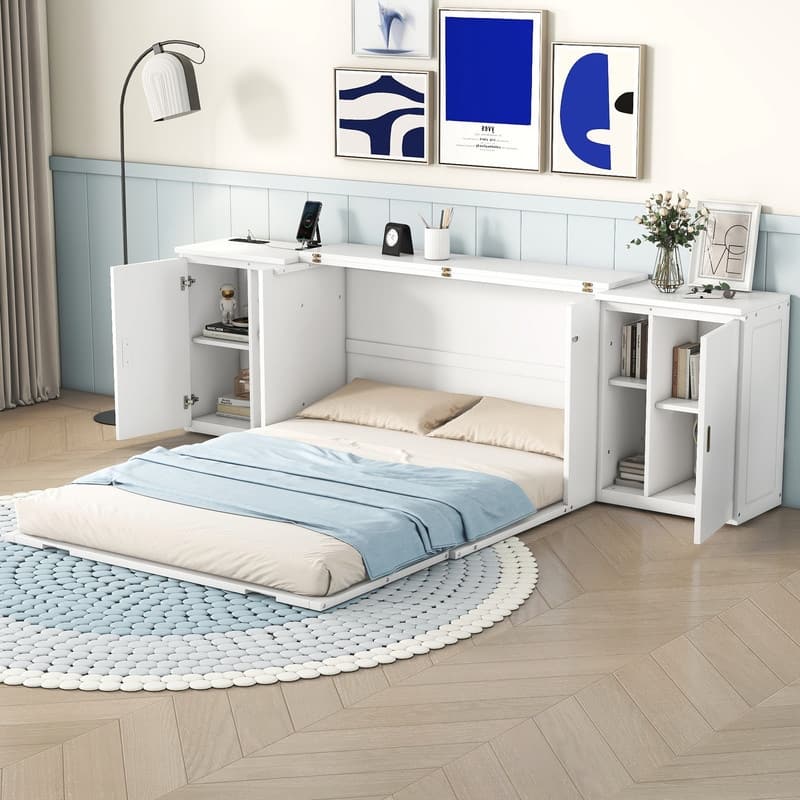 Murphy Bed with Shelves Queen Size, Wall Bed with Storage Cabinets and USB Ports - White