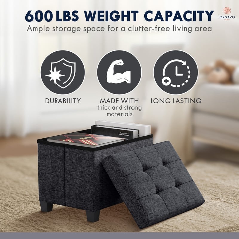Ornavo Home Collapsible Rectangle Small Storage Ottoman with Legs - 12" x 16" x 12"