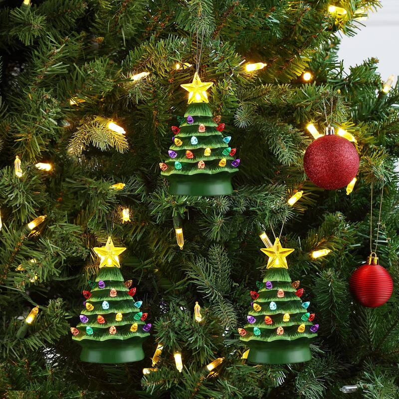 Set of 3 Nostalgic Ceramic Tree Ornaments - Green