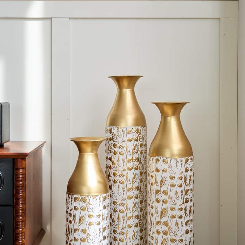 Set of 3 Metal Decorative Vase with 3D Relief Flower for Home Office - 32.68in+29.13in+24.02in