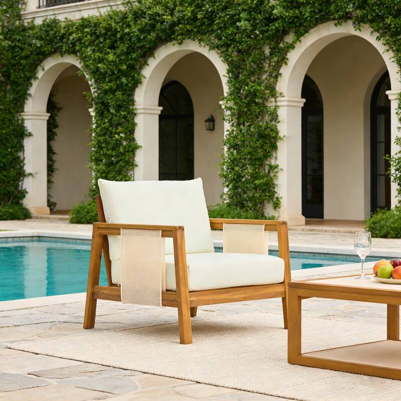 Christopher Knight Home - Outdoor Acacia Wood Club Chair with Water-Repellent Cushions and Textilene Accents - 1-piece - Teak finish+Brown Textilene+Beige cushion