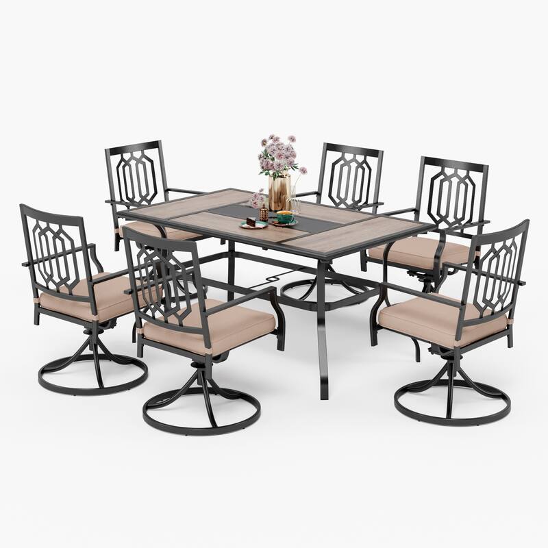 MAISON ARTS Patio Dining Set of 7, 1 Rectangle 60"x 37" Large Umbrella Table, 6 Swivel Chairs Outdoor dinning Set