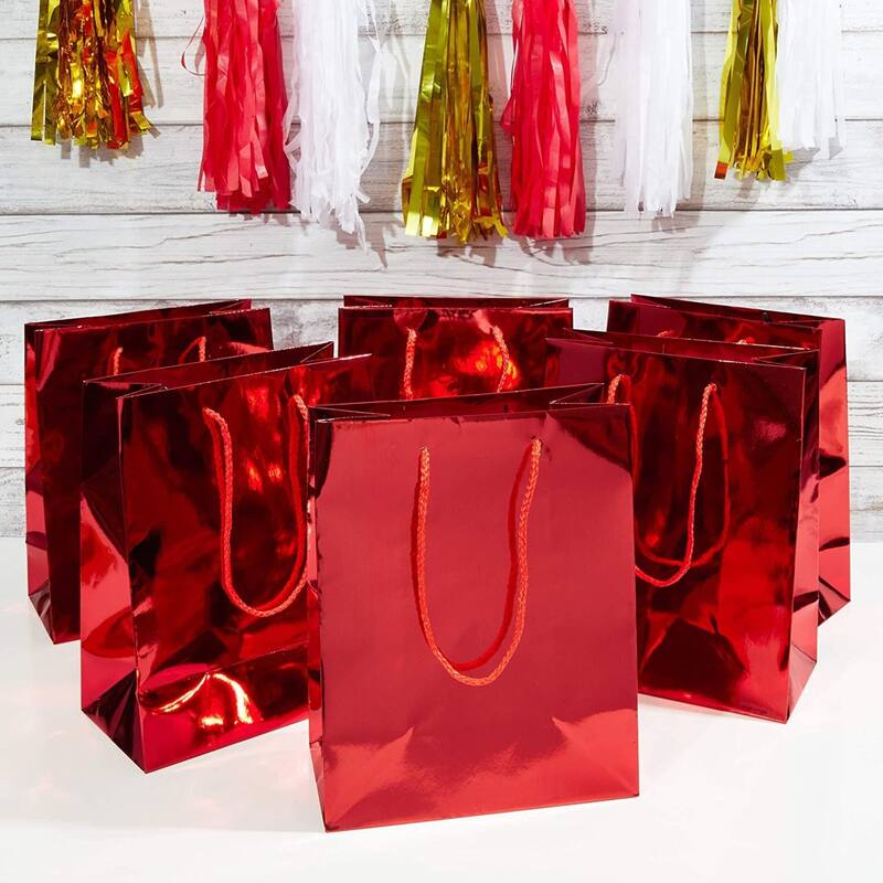 Sparkle and Bash 24 Red Metallic Medium Gift Bags with Handles for Weddings, Birthdays
