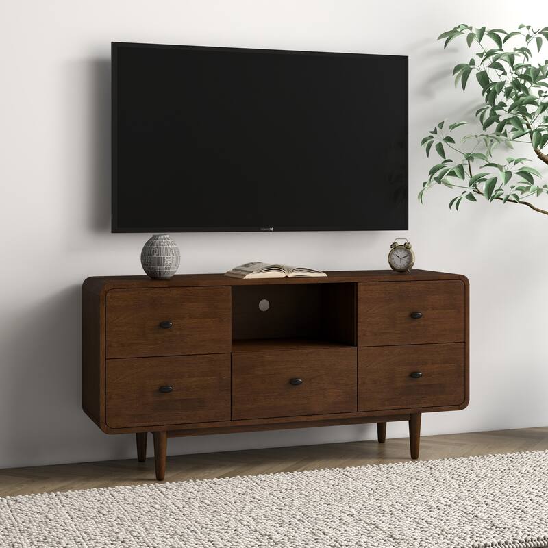 Seamore Mid Century Modern High Profile Solid Wood Universal TV Media Stand, Entertainment Unit up to 60 inch Wide