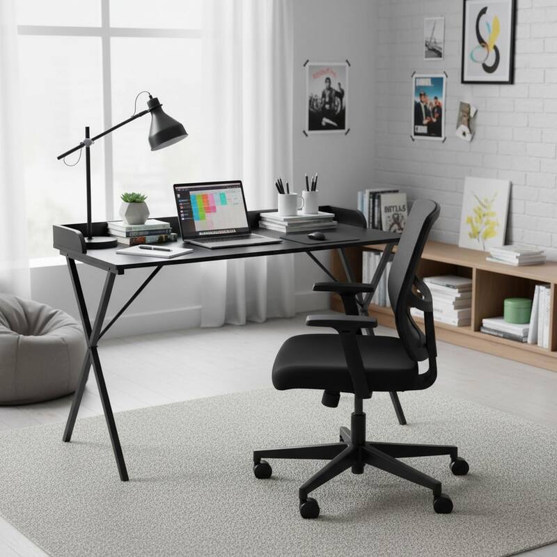 Homylin Modern Metal Frame Writing Desk with Raised Back Shelf, Black