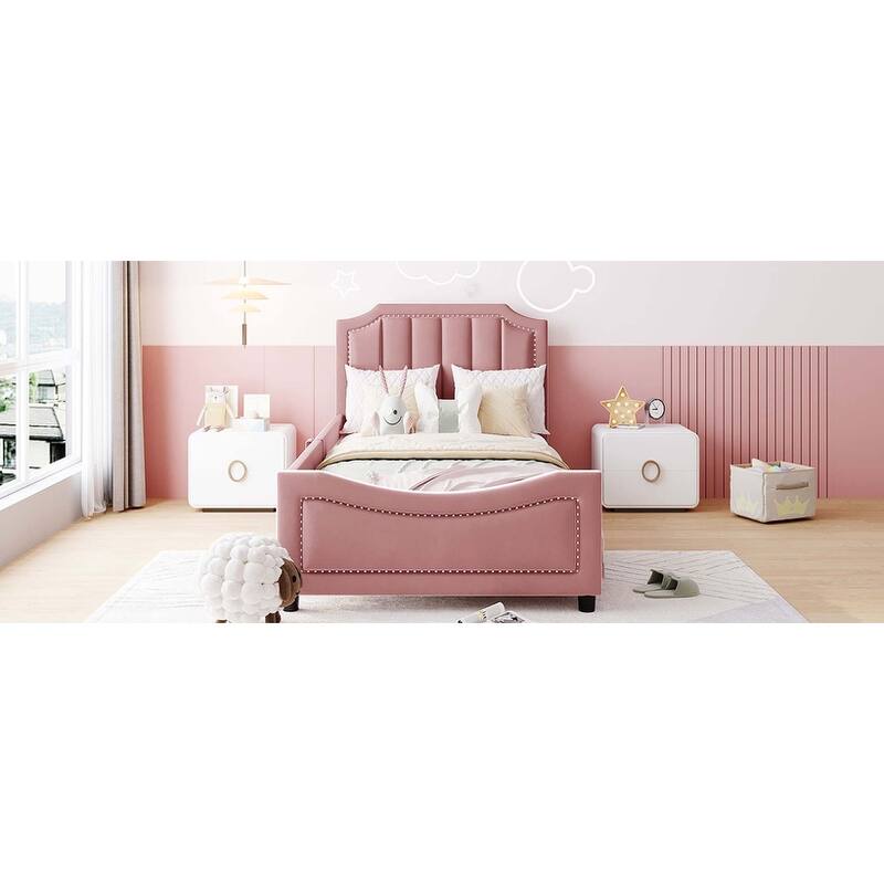 Twin Size Upholstered Daybed with Classic Stripe Shaped Headboard