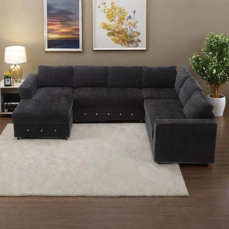 110.75" Chenille U-Shaped Modular Sectional Sofa with Chaise Storage, Crystal Buttons, and Pocket Spring Support