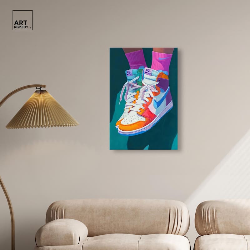 Colorful Sneaker Jump Canvas by Art Remedy, Gallery Wrapped
