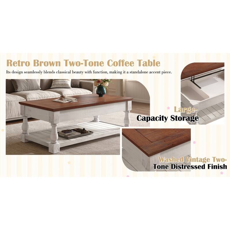 47" Farmhouse Lift Top Coffee Table with Fixed Shelf and 3 Hidden Storage