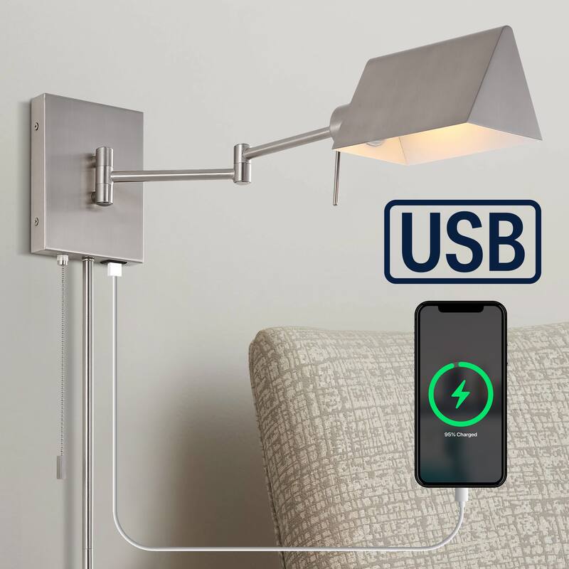 Curtis Farmhouse Swing Arm Plug-In or Hardwired Iron LED Wall Sconce with Pull-Chain with USB Charging Port, by JONATHAN Y