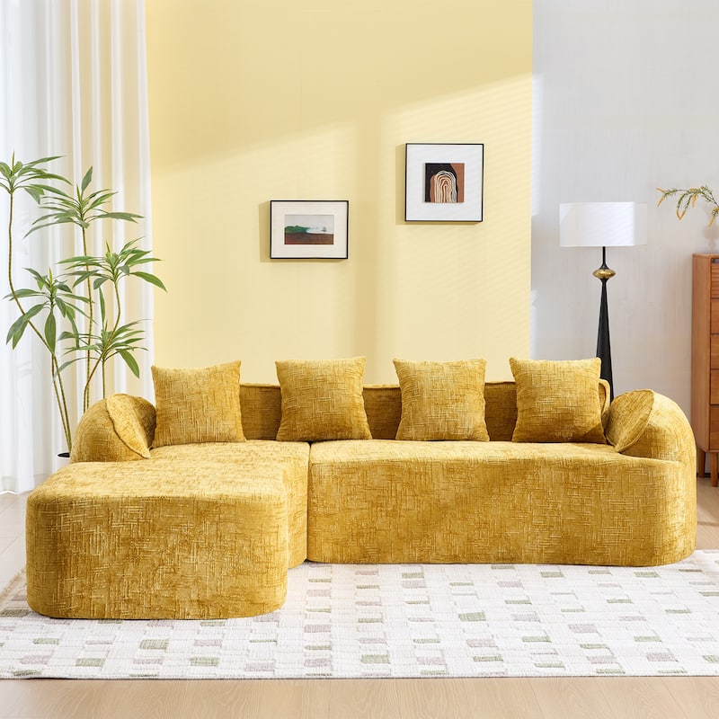 L-Shaped Sectional Sofa with Chaise Lounge, Chenille Upholstered 4 Seater Sofa, Compressed Sofa with Throw Pillows