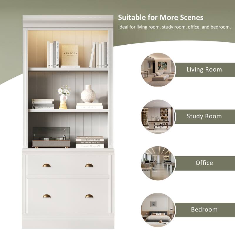 83.4" Tall LED Illuminated Bookcase with 2 Drawers + 3 Open Shelves - Multi-Functional Storage Cabinet for Home Office & Library