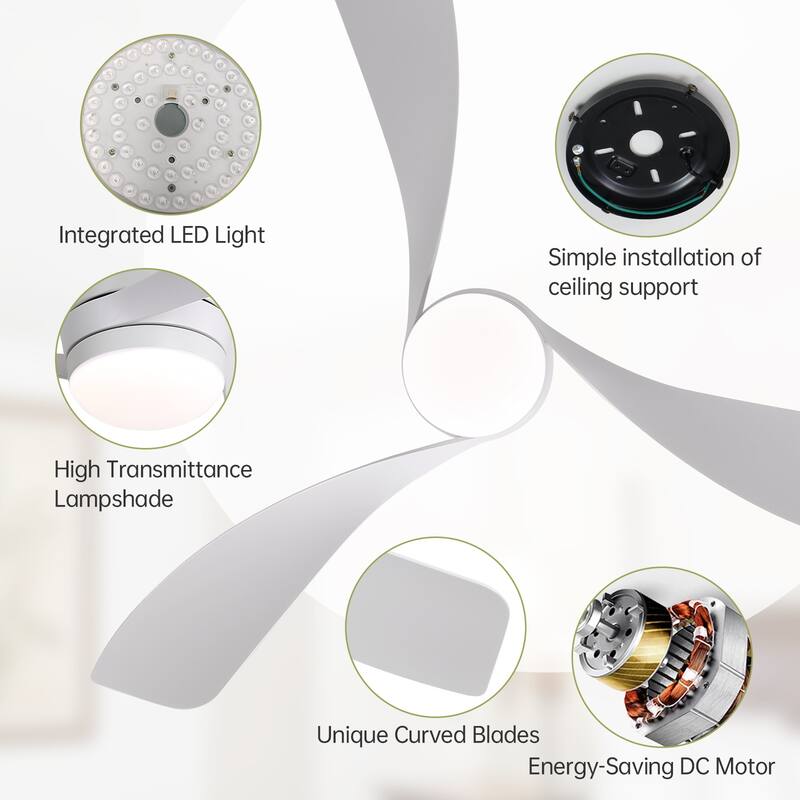 52-Inch Ceiling Fan With Light And Remote,DC Motor,Dimmable LED Light,3 White ABS Blades,Ideal For Bedroom,Living Room,Kitchen