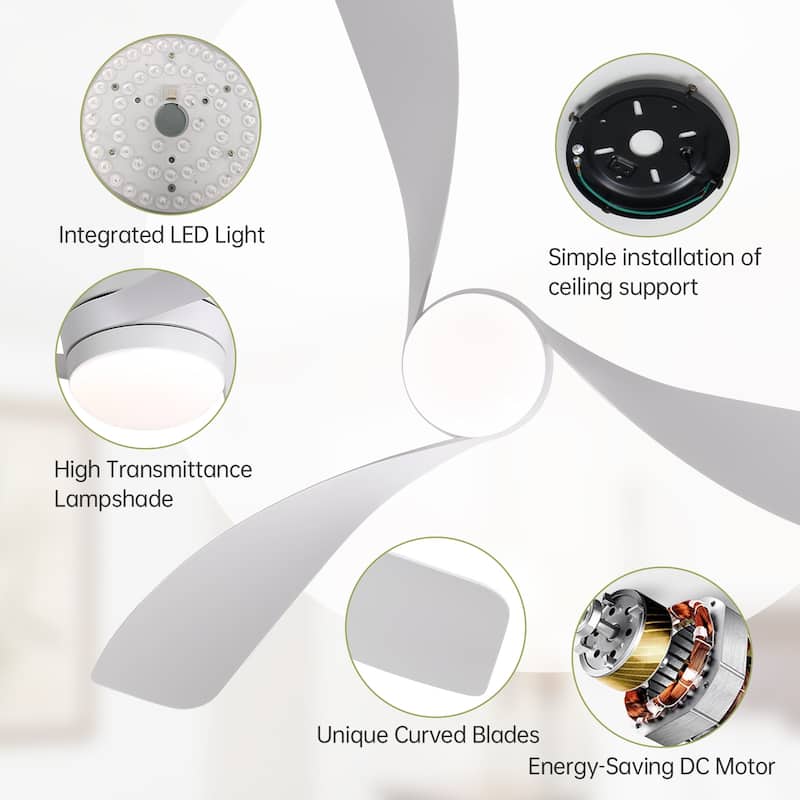 52-Inch Ceiling Fan With Light And Remote,DC Motor,Dimmable LED Light,3 White ABS Blades