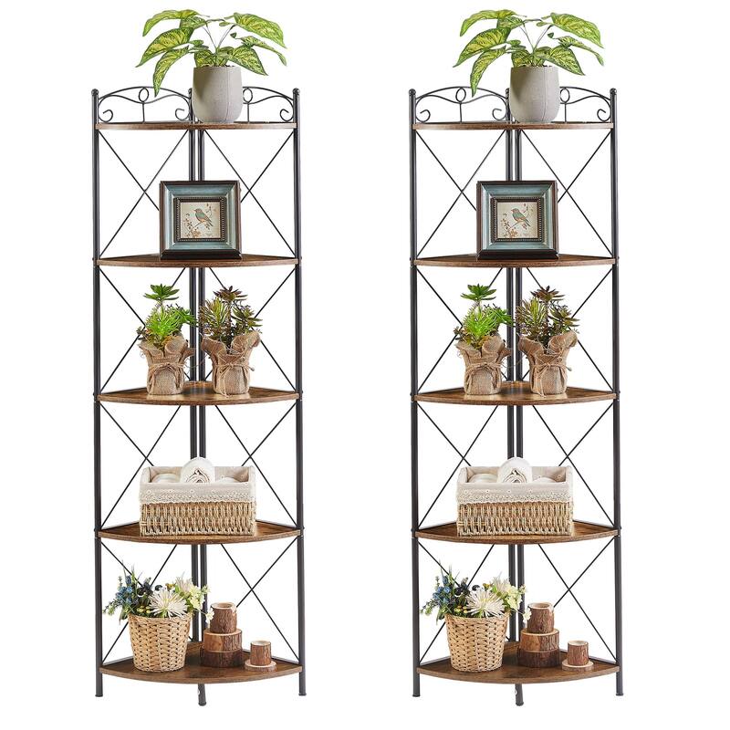 VECELO 5-Tier Corner Bookshelf, Brown Fan-Shaped MDF Shelf with Black Metal Frame Open Storage Organizer for Living Room Bedroom - Set of 2