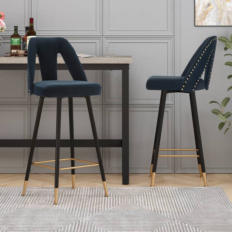 Set of 2 Bar Stool with Nailheads and Gold Tipped Black Metal Legs