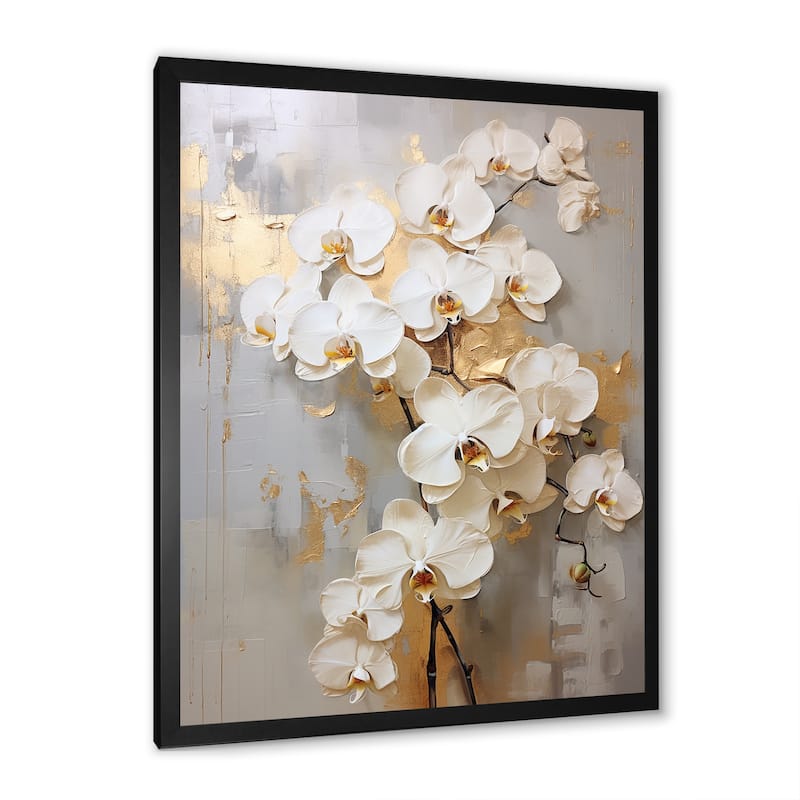 Designart "Minimalism Beige And Gold Orchids IV" Orchids Framed Canvas Art Print
