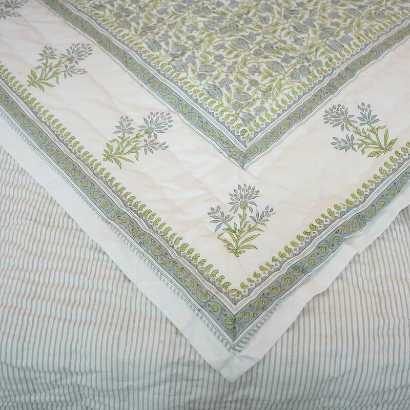 Fabdivine Cotton Quilt Hand Block Printed, Vegetable Dye Gray Floral, Eco-Friendly Reversible Bedspread, Natural Dye Bedding - 68" X 86" - Gray,White