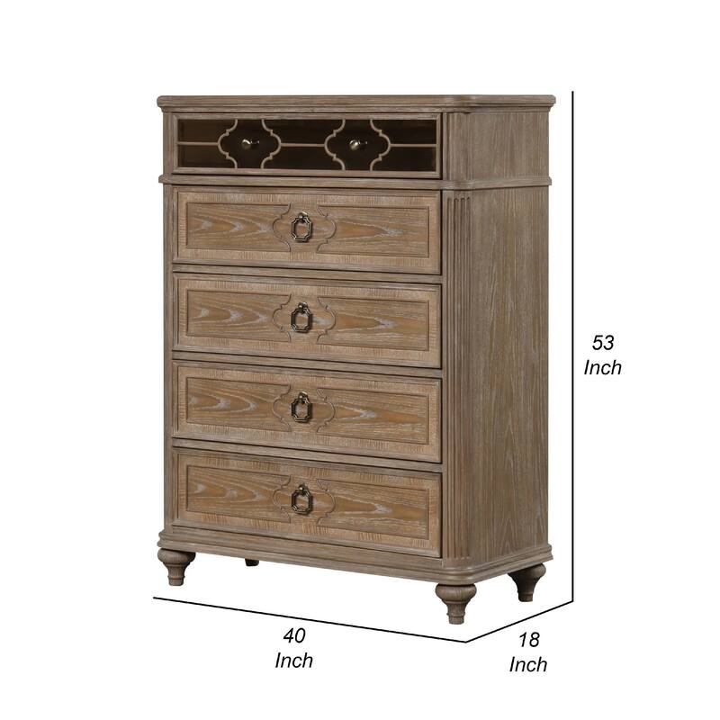 Lyla Tall Dresser Chest, 5 Drawers, Rustic Oak Brown Solid Wood Frame