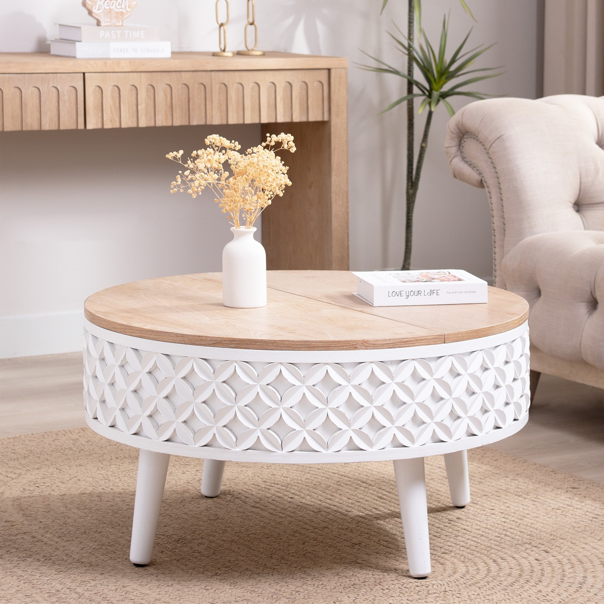 Roomfitters Round Lift-Top Coffee Table with Hidden Storage, 31.5-Inch Accent Table, White Base and Natural Wood Top