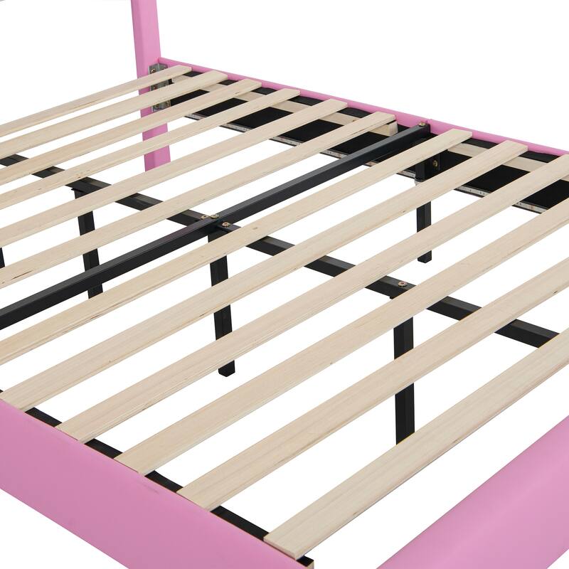 Pink+White Full Size Upholstered Princess Platform Bed with LED & Crown Headboard