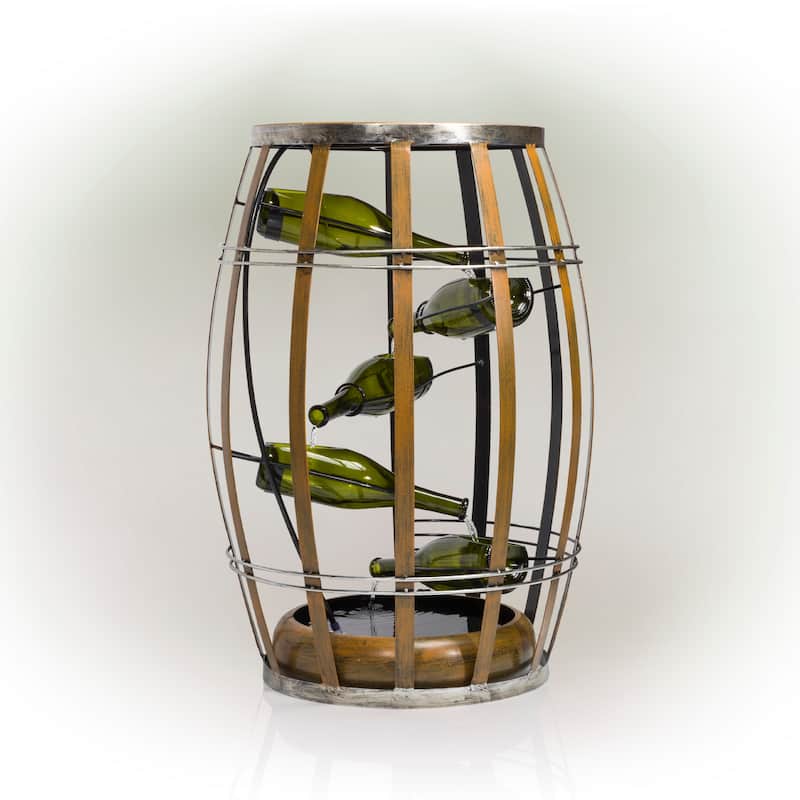 Alpine Corporation 31" Tall Indoor Metal Wine Barrel Table Fountain with Tiered Glass Bottles