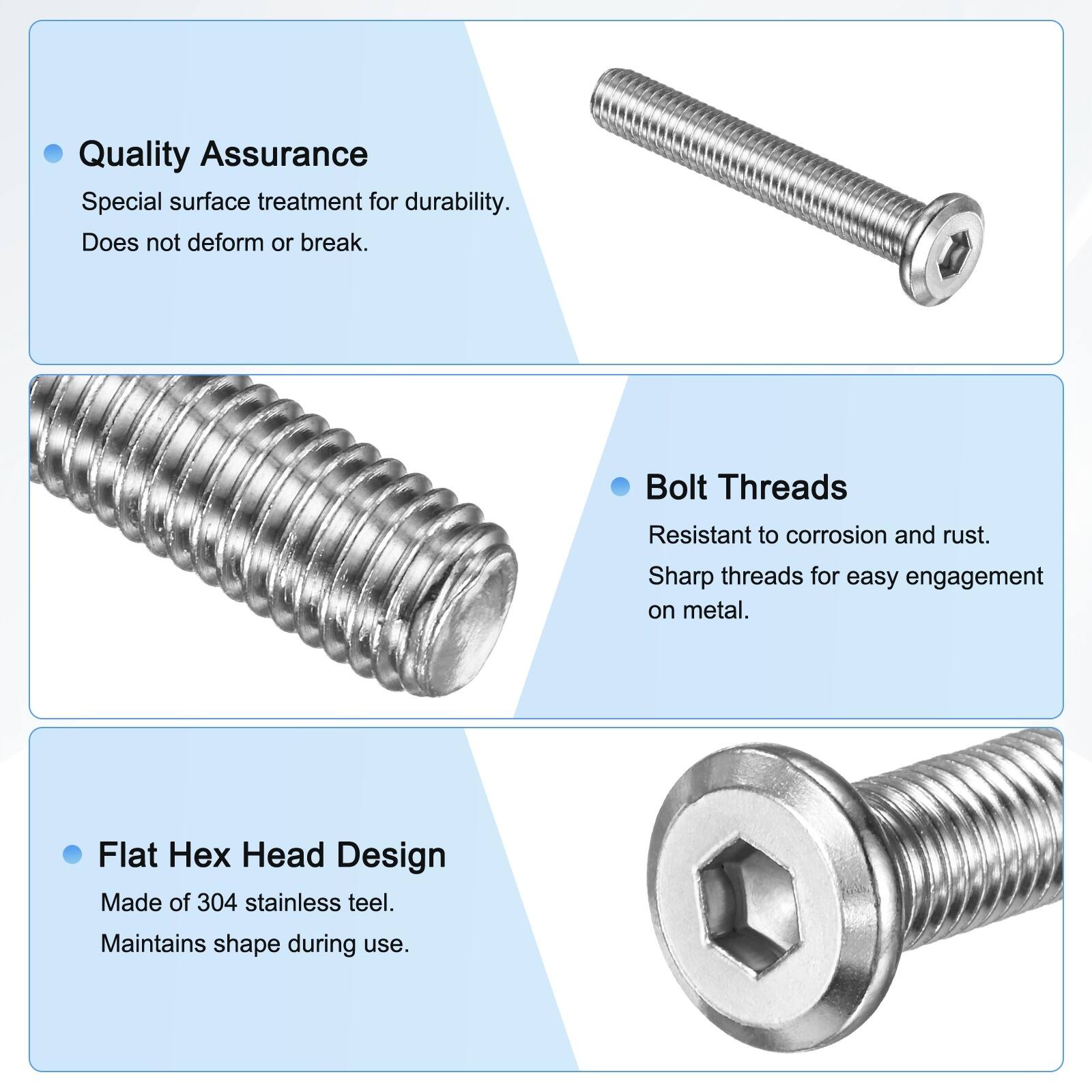 Flat Head Socket Cap Screws 304 Stainless Steel Hex Drive Fastener Kit with Hex Key - Silver