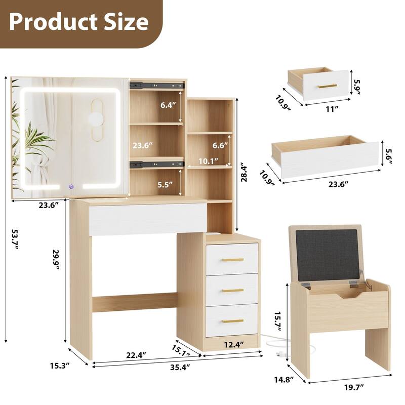 Modern Makeup Vanity with Sliding Mirror, 4 Drawers & 7 Shelves, 3 Light Colors, Charging Port & Stool Set