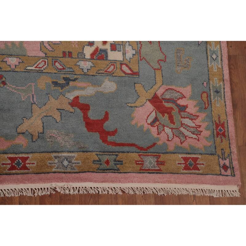 Pink Oushak Area Rug Handmade Transitional Floral Wool Carpet - 9'0"x 12'0"