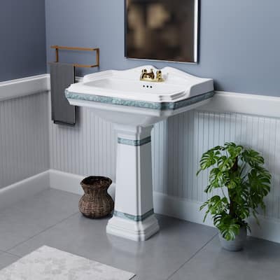 White Porcelain Bathroom Pedestal Wall Mounted Sink with Green Gold Accent and 4 in. Centerset Faucet Holes