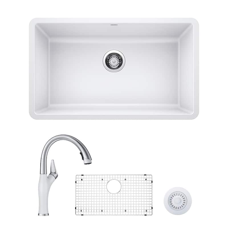 Blanco Precis/Artona Undermount Kitchen Sink and Faucet Set and Strainer - White