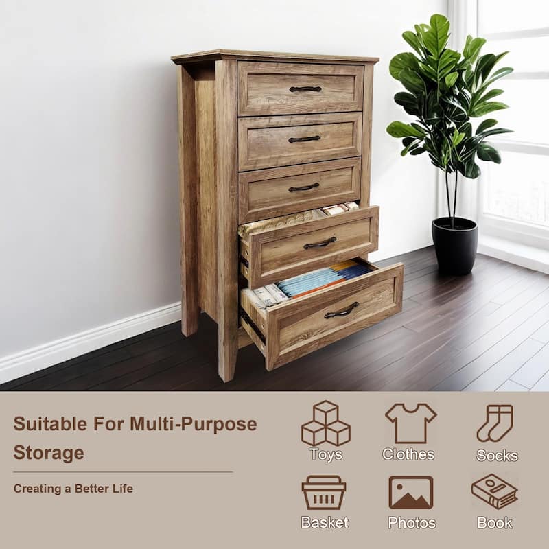 5 Drawer Vintage Wood Dresser, Tall Modern Wood Storage Chest
