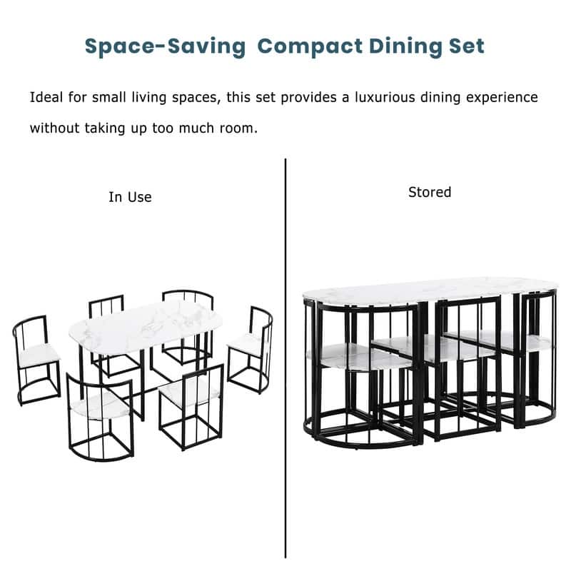 Mid-Century 7-Piece Dining Table Set for 6 People, Kitchen Dining Room Table Set with Faux Marble Dining Table and 6 Chairs