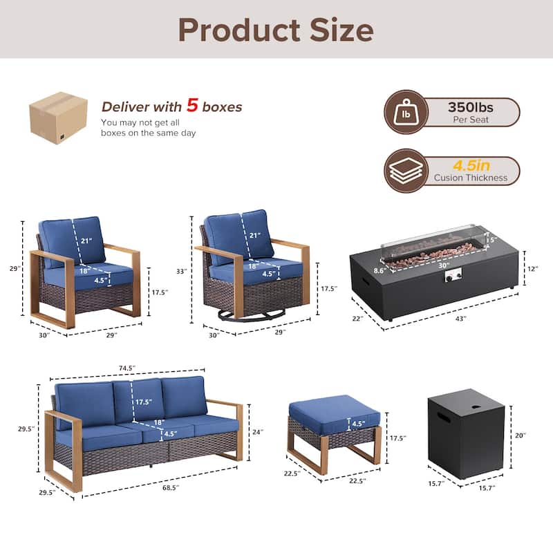 Meyreso Wicker Outdoor Patio Fire Pit Set with Swivel Gliders and 4.5-Inch Olefin Cushions