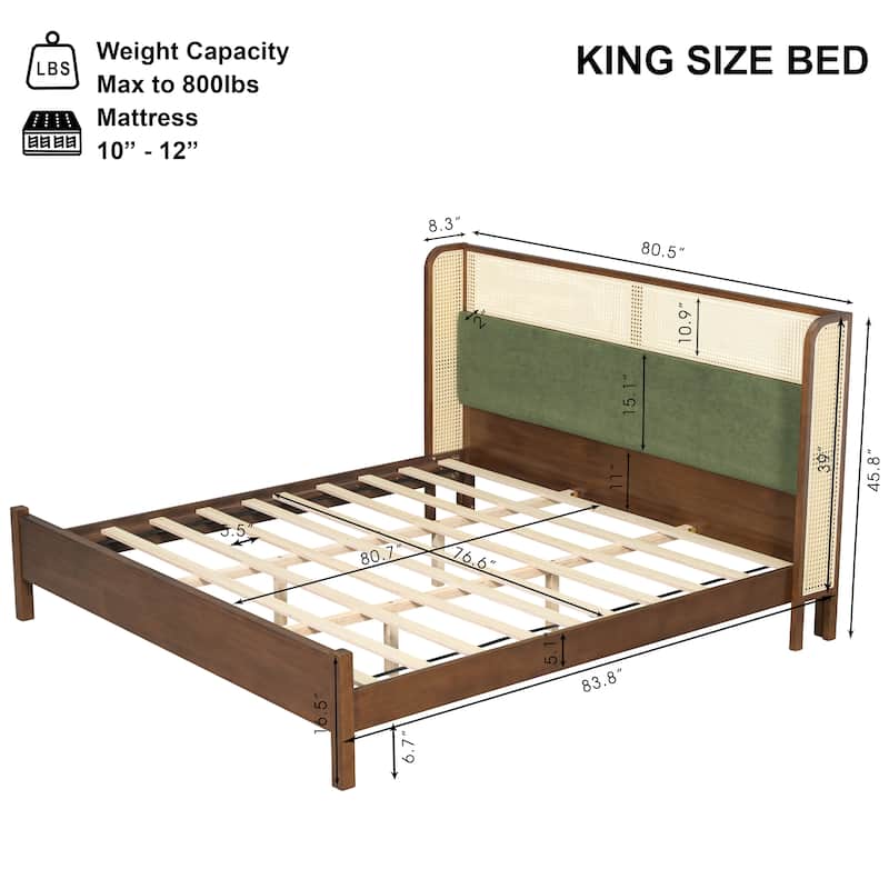 Christopher Knight Home - Mid-Century Upholstered Wood Low-Profile Platform Bed with Rattan Weaving Headboard