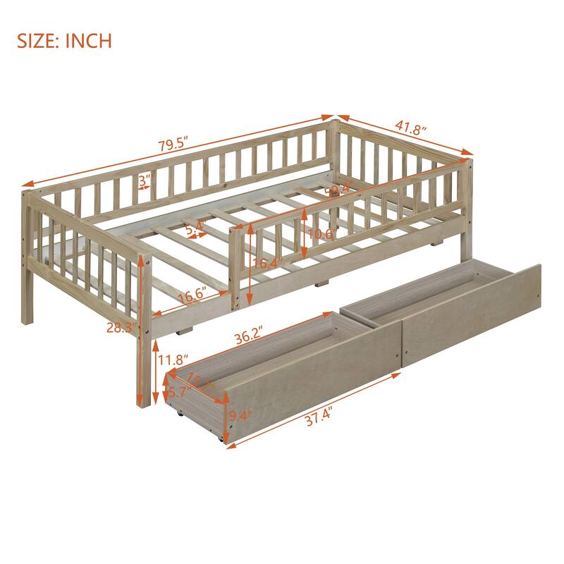 Modern Style Pine Wood Daybed with Two Storage Drawers for Bedroom or Livingroom