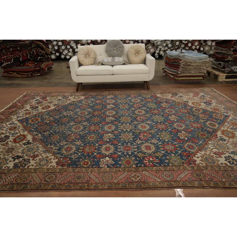 Hand Knotted Oriental 100% Wool Carpet Traditional Floral Navy Blue & Blues Heriz (serapi) Area Rug - 12' 3'' X 9' 9''