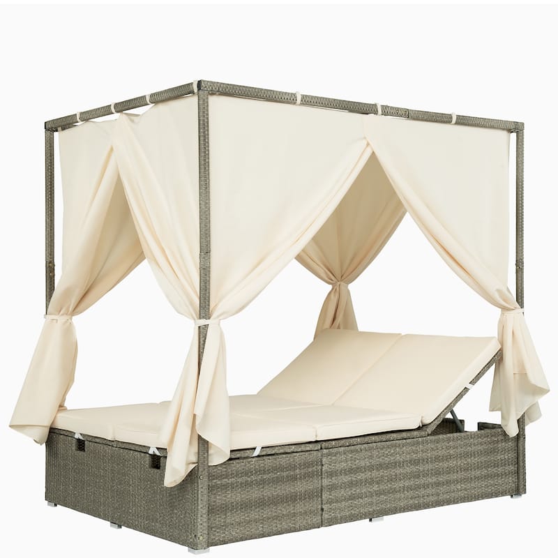 Outdoor Rattan Canopy Daybed Sunbed with Curtain & Adjustable Seat