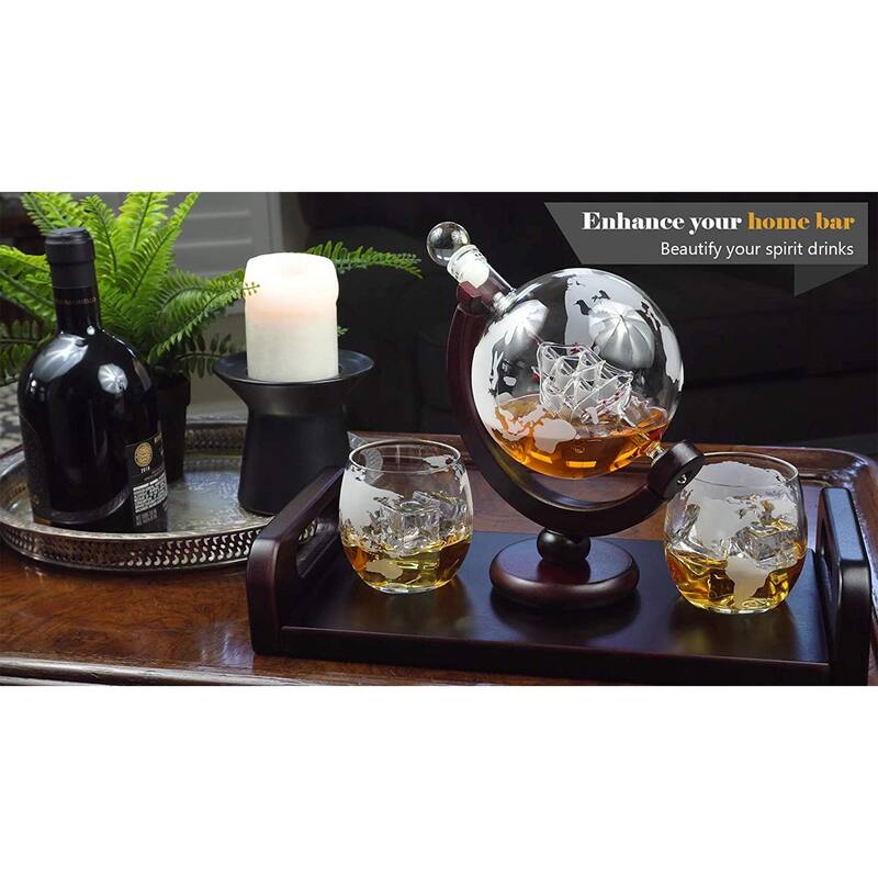 Bezrat 850 ml Globe Whisky Decanter Gift Set with 4 Glasses & Tray