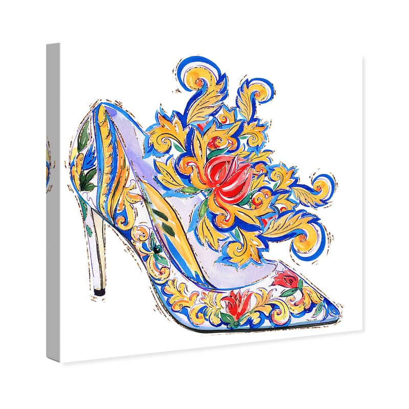Wynwood Studio Canvas Fashion and Glam Adorned Shoe I Yellow and Dark Yellow Glam Wall Art Canvas Print