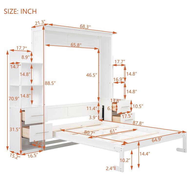 Modern Queen Size Murphy Bed with Shelves, Drawers & LED Night Light - Ideal for Multi-Functional Spaces
