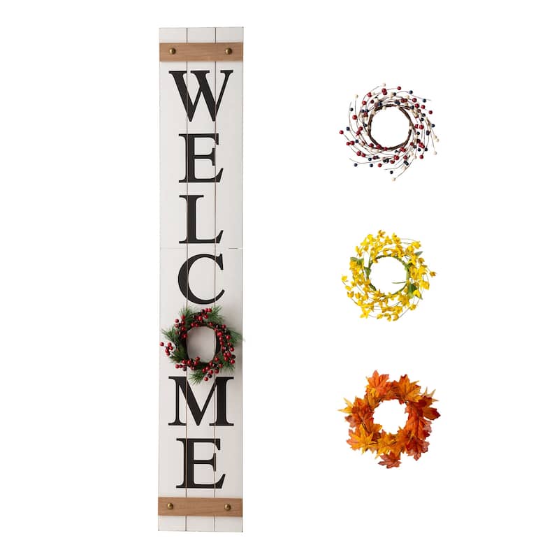 Glitzhome 60"H Wooden Welcome Porch Sign with 4 Floral Wreaths for Fall Halloween Thanksgiving Christmas Decoration