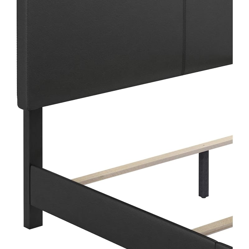 King Bed Frame Upholstered Black PU Leather Platform Bed Modern Glam Style
